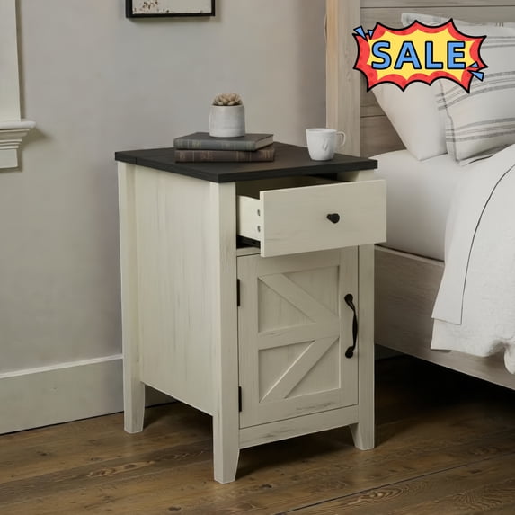 Tcbosik Farmhouse Side Table with Charging Station, 13.7 inch Small Nightstand with Barn Door and Storage Drawer, End Table with Shelf for Living Room, Bedroom, White & Black