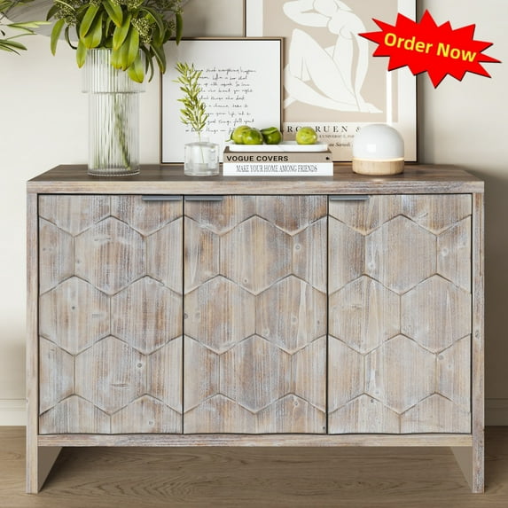 Tcbosik Farmhouse Storage Cabinet with 3 Doors, Multifunctional Buffet Sideboard with Adjustable Shelves, Accent Cabinet for Living Room, Dining Room, Entryway, Kitchen, Natural