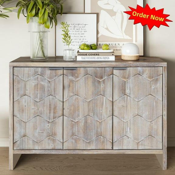 Tcbosik Farmhouse Storage Cabinet with 3 Doors, Multifunctional Buffet Sideboard with Adjustable Shelves, Accent Cabinet for Living Room, Dining Room, Entryway, Kitchen, Natural