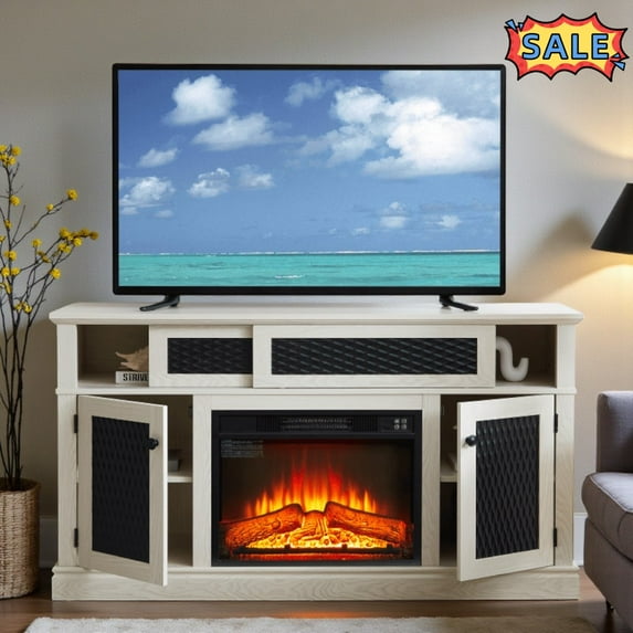 Tcbosik Farmhouse TV Stand with 23" Fireplace insert for TVs up to 65", Entertainment Center with Adjustable Shelves, Media Console with Sliding Doors for Living Room, White
