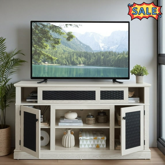 Tcbosik Farmhouse TV Stand with Storage for TVs up to 65 inch, 58" Entertainment Center with Adjustable Shelves and Sliding Doors, Console Table and Media Furniture for Living Room Bedroom, White