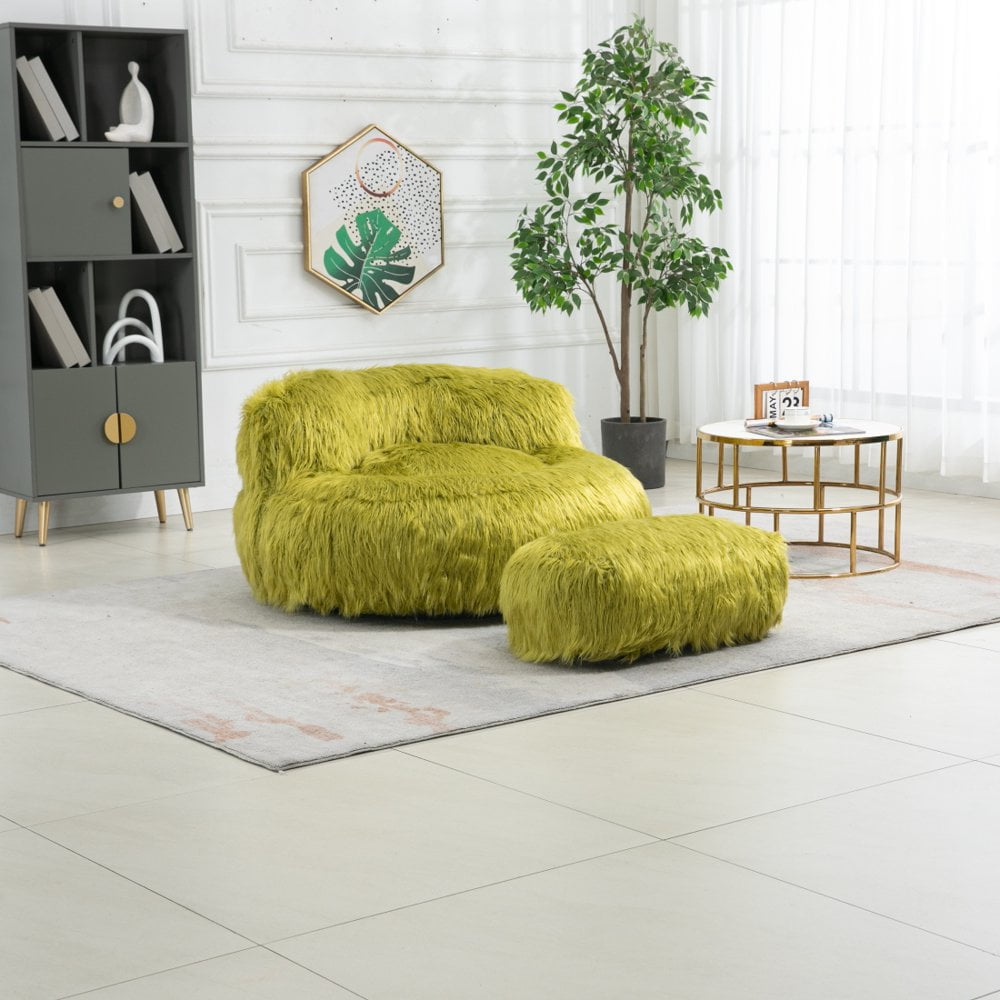 Tcbosik Faux Fur Bean Bag Chairs with Ottoman, Oversized Fluffy Accent ...