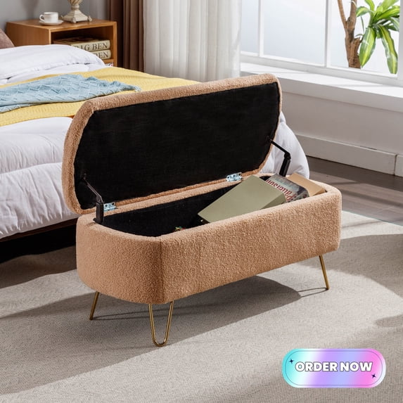 Tcbosik Faux Fur Storage Bench with Gold Legs, 39.3" Upholstered Ottoman, Foot Rest for Bedroom, Hallway, Living Room, Camel