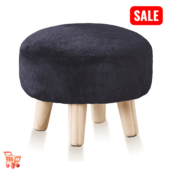 Tcbosik Faux Rabbit Wool Upholstered Ottoman, 14 inch Round Footstool with Solid Wood Legs, Modern Footrest for Living Room, Bedroom, Hallway, Easy Assembly, Black