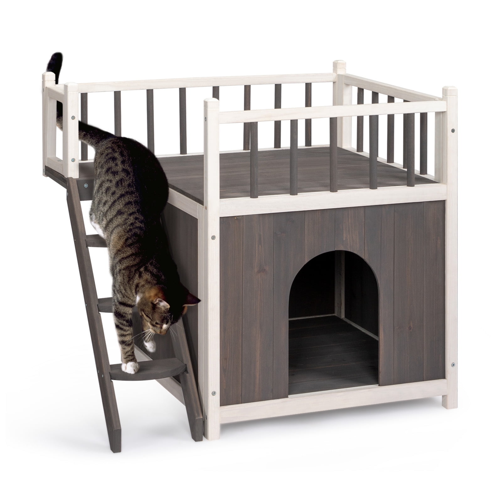 2-Story Gray and White Wooden Outdoor Cat House with Stairs