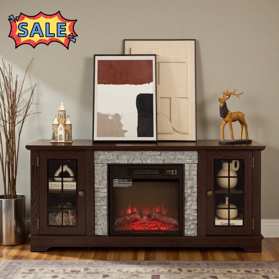 Tcbosik Fireplace TV Stand with 18" Electric Fireplace, 58 inch Farmhouse Media Console with Adjustable Shelves and 2 Doors for TVs up to 65 inch, Entertainment Center for Living Room, Cherry