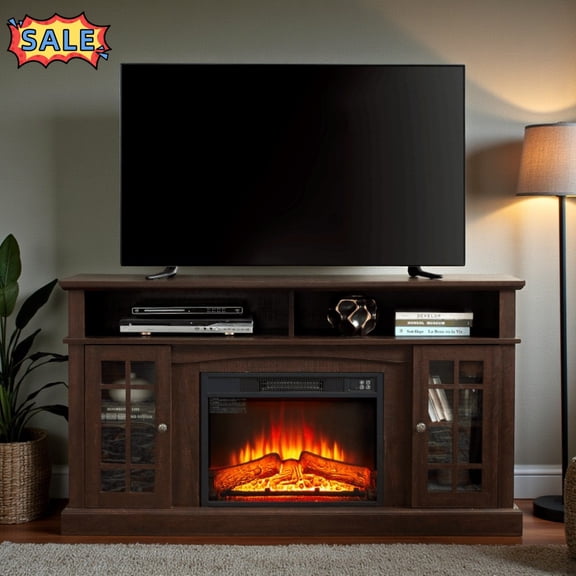 Tcbosik Fireplace TV Stand with Storage for TVs up to 65 inch, Farmhouse Entertainment Center & 23" Fireplace, Media Console Table with Adjustable Shelves and Glass Doors for Living Room, Espresso