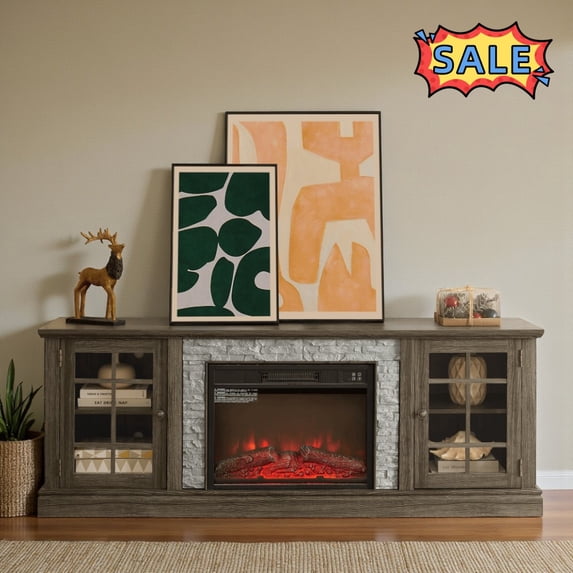 Tcbosik Fireplace TV Stand with Storage for Televisions up to 75 inch, Entertainment Center with Adjustable Shelves, 70" Console Table Media Furniture with 2 Doors for Living Room, Grey