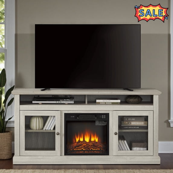 Tcbosik Fireplace TV Stand for Television up to 65 Inch, 60" Farmhouse Entertainment Center with 18" Electric Fireplace, Media Console with Adjustable Shelves and Glass Doors, Stone Gray