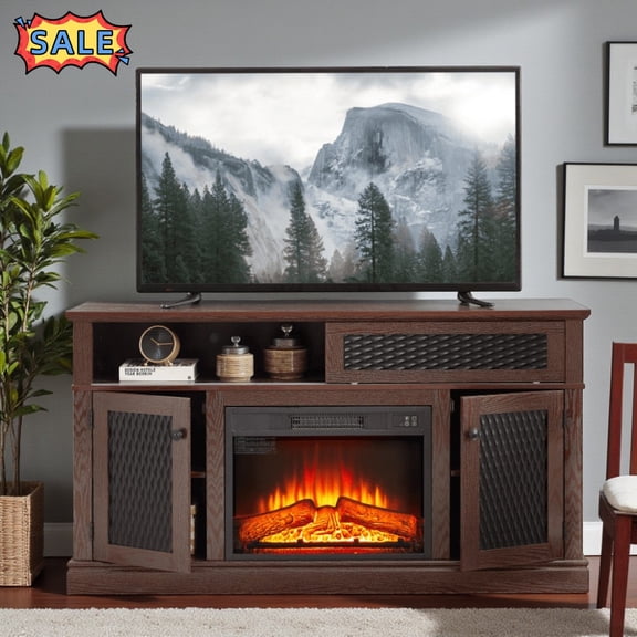 Tcbosik Fireplace TV Stand for Television up to 65 Inch with Storage, Farmhouse Entertainment Center with Sliding Doors and Adjustable Shelves, Media Console for Living Room, Cherry