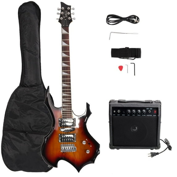 Tcbosik Flame Design Electric Guitar, 39 inch Beginner Electric Guitar Kit with 20W AMP, Bag, Strap, Pick, Tremolo Arm and Wrench Tool, Sunset Color