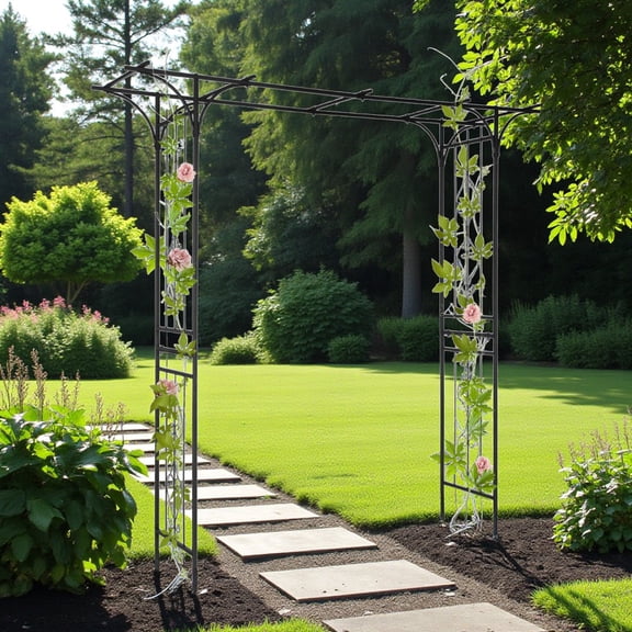 Tcbosik Flat Top Iron Arch Trellis, 85" H x 81" L Free Standing Plant Support for Garden, Black Powder Coated Rust-Proof Climbing Frame for Roses, Vines, Flowers