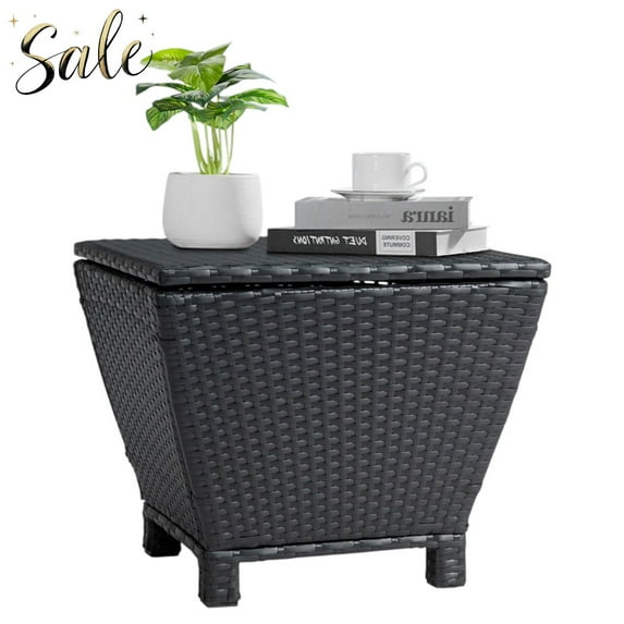 Tcbosik Flip Lid Patio Side Table w/ 13-Gallon Storage, All-Weather PE Wicker Accent End Table with Smooth-Lift Pneumatic Rods, Sturdy Steel Frame for Outdoor Deck & Garden (Black)