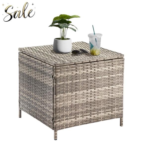 Tcbosik Flip Lid Patio Table, All-Weather PE Wicker End Table w/ Sturdy Steel Frame, Outdoor Side Table & Deck Box, 27-Gallon Storage Capacity, Gray