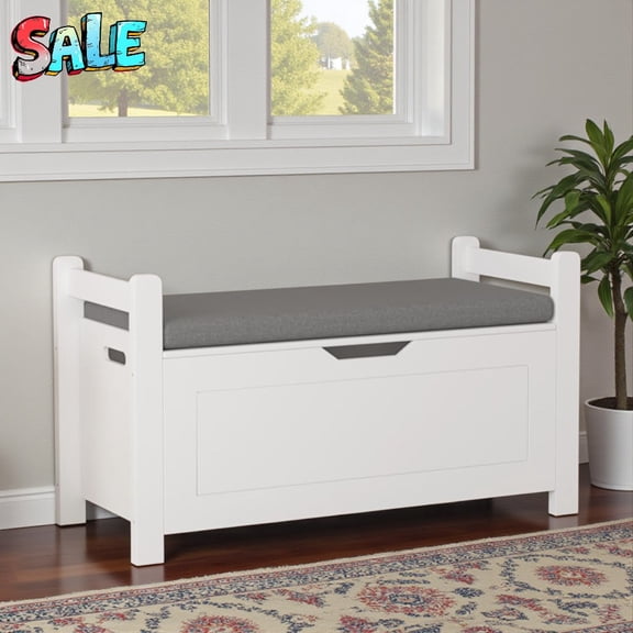 Tcbosik Flip-Top Storage Bench, 35-Inch White MDF Entryway Seat with Cushion, 150lbs Capacity for Hall & Bedroom