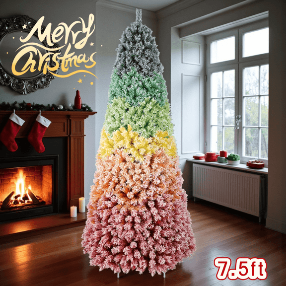 Tcbosik Flocked Artificial Christmas Tree with Rainbow Gradient Design, 7.5ft Unlit Hinged Xmas Tree with 1927 Branch Tips for Indoor Holiday Decoration, Includes Metal Stand, Colorful