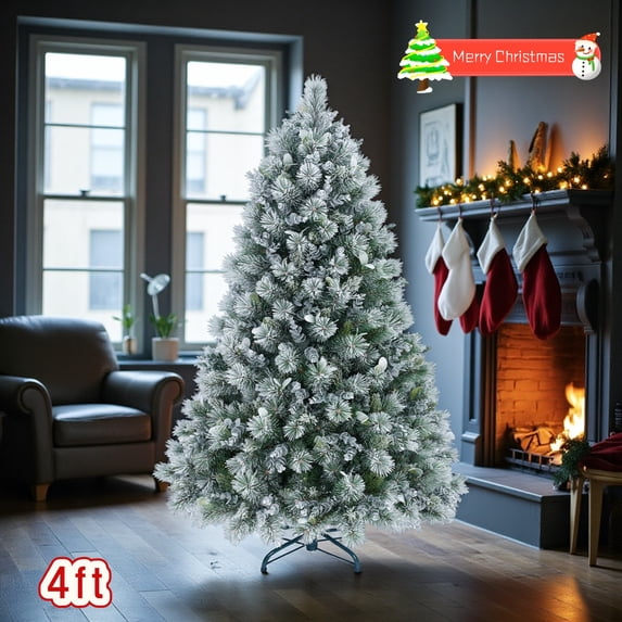 Tcbosik Flocked Artificial Christmas Tree with 404 Tips, 4ft Unlit Xmas Tree, Holiday Décor with Metal Stand, White+Green