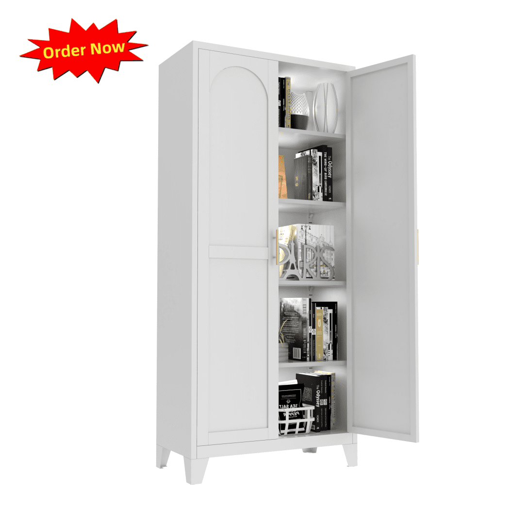 Tcbosik Floor Metal Cabinet with 2 Doors, 71"H Modern Bathroom Storage Cabinet with Adjustable Shelves, Floor Cupboard for Kitchen, Living Room, Dining Room, White