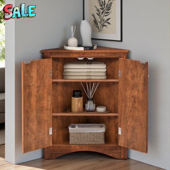 Tcbosik Floor Standing Corner Cabinet, Modern Farmhouse MDF Storage Cabinet with 2 Doors and Adjustable Shelves, Multipurpose Organizer for Bathroom or Living Room, Walnut