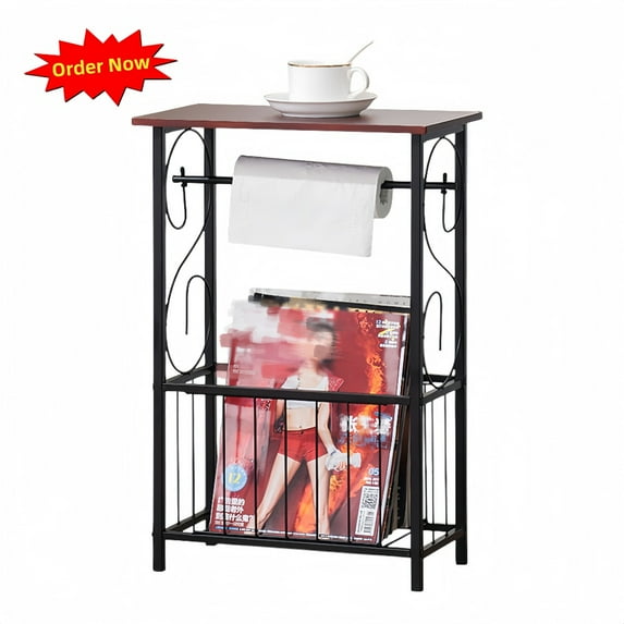 Tcbosik Floor Standing Side Table, Modern Accent Table with Paper Holder Stand and Magazine Rack, End Table with Metal Frame for Small Space, Living Room, Coffee Color