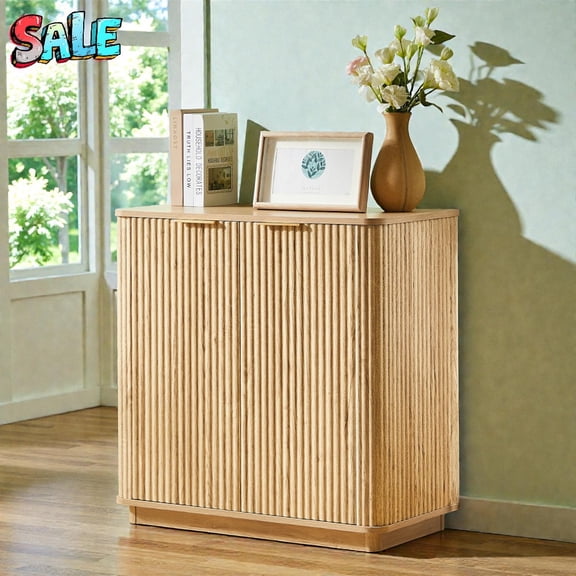 Tcbosik Fluted 2-Door Cabinet in Oak Finish, Modern Buffet Sideboard with Adjustable Shelf, for Living Room, Dining Room, or Entryway, 31.5"L x 15.75"W x 31.5"H