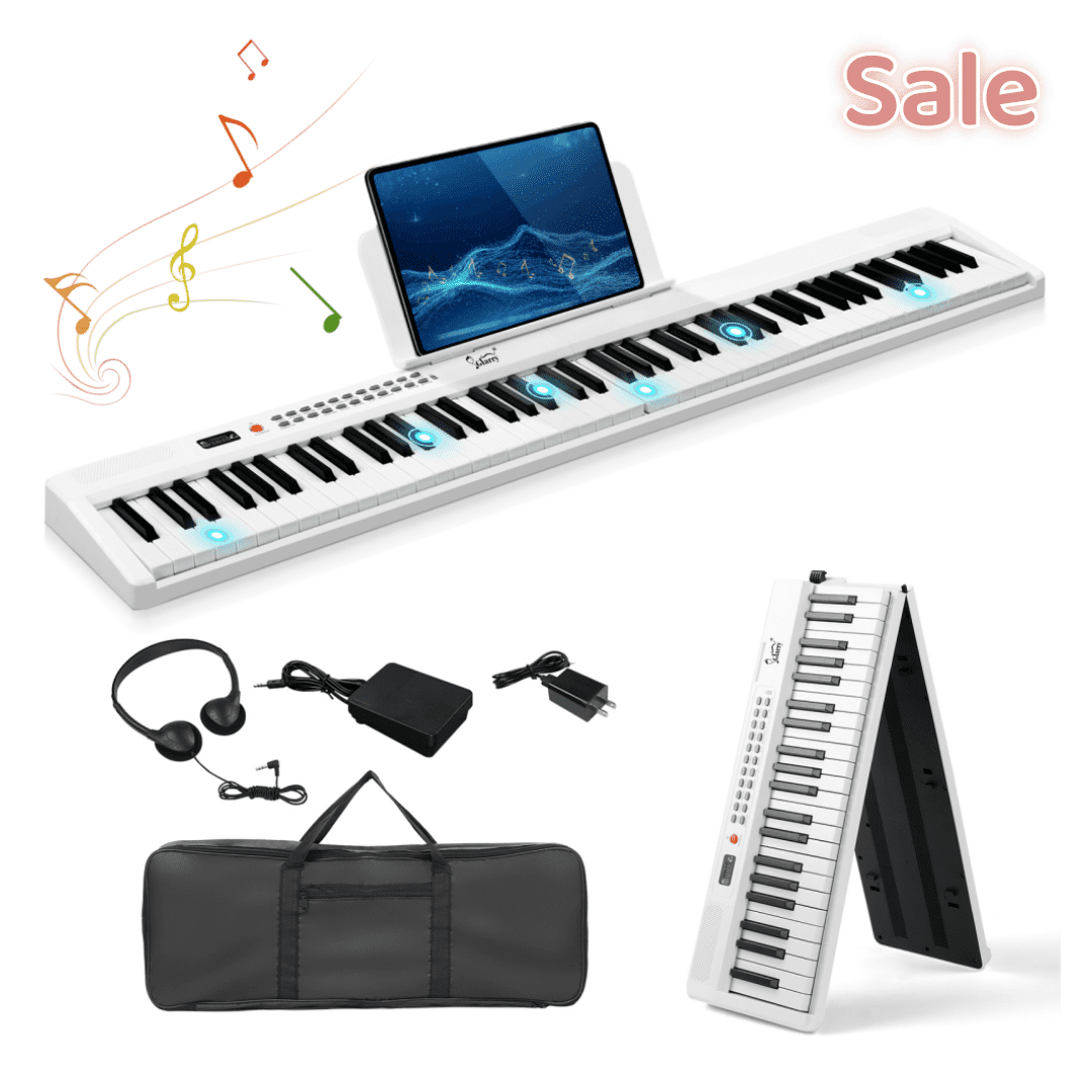 Tcbosik Foldable Piano Keyboard, 88 Key Semi Weighted Digital Piano with Bag, Headphone and MIDI Bluetooth for Beginner, White