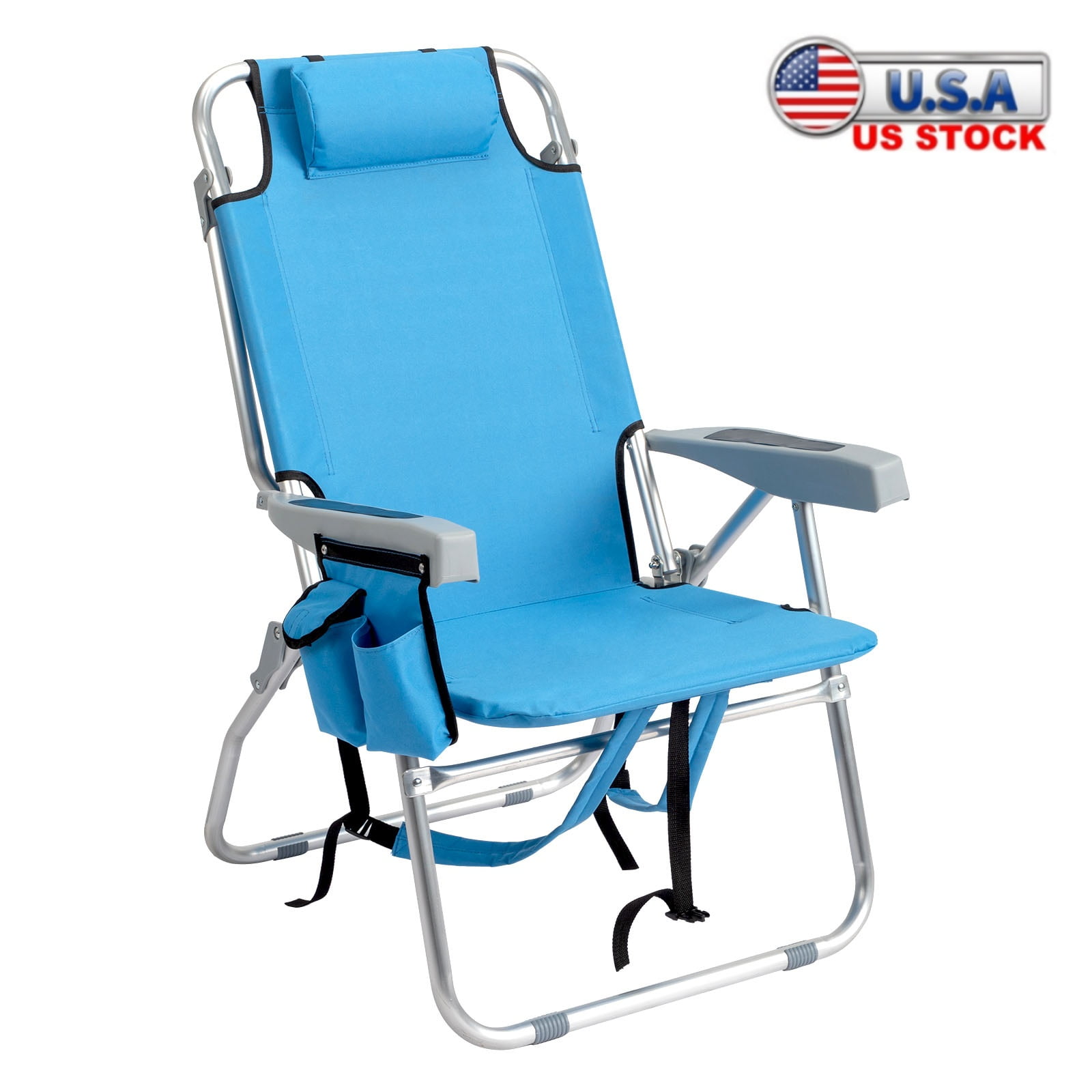 Blue Aluminum Folding Beach Chair with Armrest and Storage