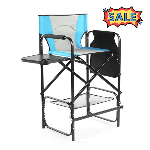 Tcbosik Folding Directors Chair with Side Table and Storage Pocket, Portable Camping Chair with Built-in Cup Holder and Footrest for Backyard, Lawn, 265 lbs Capacity, Blue & Gray