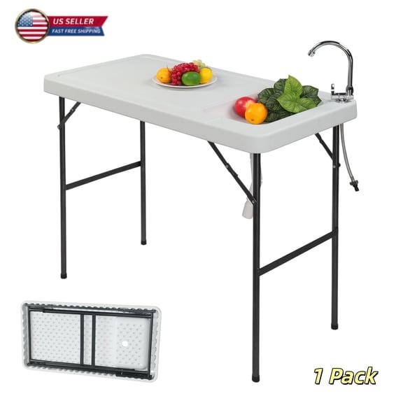 Tcbosik Fish Cleaning Table, Portable Folding Camping Table with Sink, Working Platform Station with Faucet for Picnic, BBQ, Food Handling, White