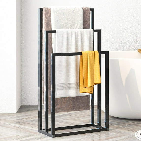 Tcbosik Freestanding Towel Rack, 3-Tier Metal Towel Bar Stand, Towel Holder Organizer for Toilet Bathroom, Black