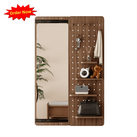 Tcbosik Full Body Mirror with Pegboard, Wall Mounted Storage Organizer with Shelf and Hooks, 41.7" x 15" Full Length Mirror for Bedroom, Closet, Dressing Room, Hallway, Walnut