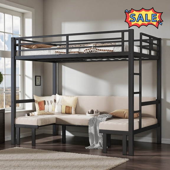 Tcbosik Full Over Full Size Metal Bunk Bed, Lower Bed Can be Convertible U-Shape Sofa, Metal Bed Frame with Side Ladder and Safety Guardrail, Space Saving, Black