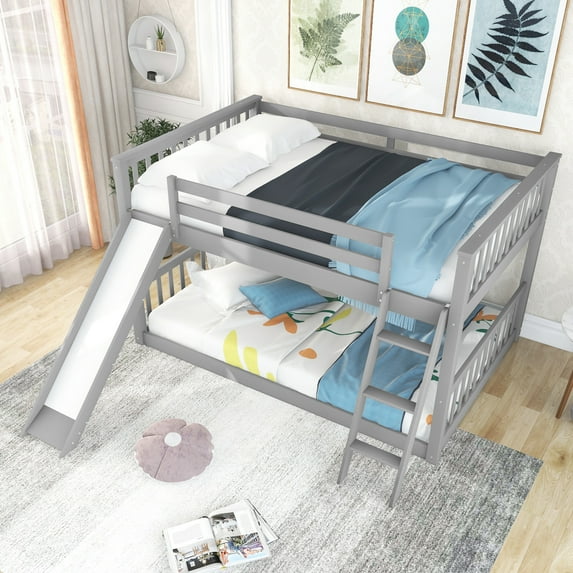 Tcbosik Full Over Full Bunk Bed With Convertible Slide And Ladder, Gray