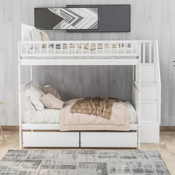 Tcbosik Full Over Full Bunk Bed With Two Drawers And Storage, White