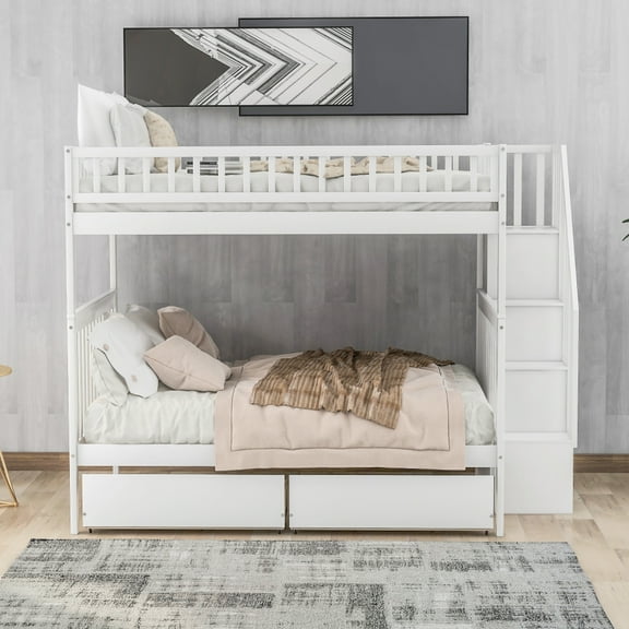 Tcbosik Full Over Full Bunk Bed With Two Drawers And Storage, White