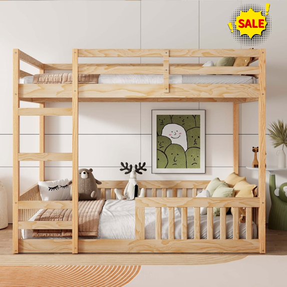 Tcbosik Full Over Full Size Bunk Bed with Built-in Ladder, Wood Bed Frame with Safety Guardrail, Space Saving, Easy Assembly, Natural