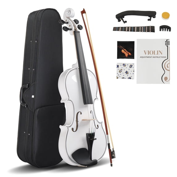Tcbosik Full Size 4/4 Violin Set, Fiddle Kit with Hard Case, Violin Bow, Shoulder Rest, Rosin,Extra Strings and Sordine, Violin Outfit for Adults Beginners Students, White