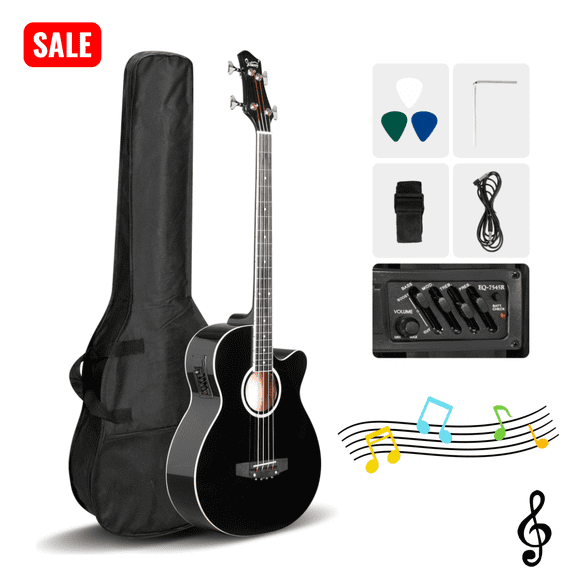 Tcbosik Full Size Acoustic Electric Bass Guitar Beginner Kit, 4 Strings Electric Acoustic Bass Guitar with Equalizer, Bag, Cable, Wrench, Strap, Plectrum, Black