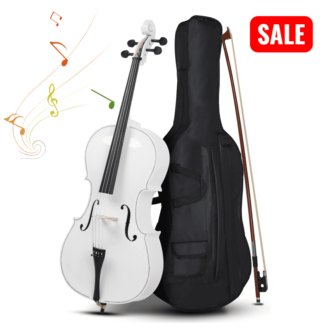 Tcbosik Full-Size Beginner Cello with Bag, 4/4, Acoustic Cello Kit with Bow, Rosin and Bridge, Adults String Musical Instruments, White