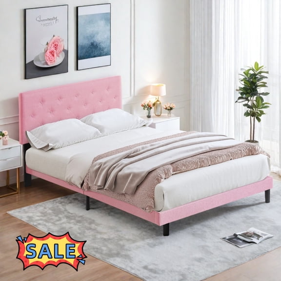 Tcbosik Full Size Button Tufted Platform Bed, Upholstered Bed Frame, 500lbs Capacity, Wood Slat Support (Linen Fabric, Pink)
