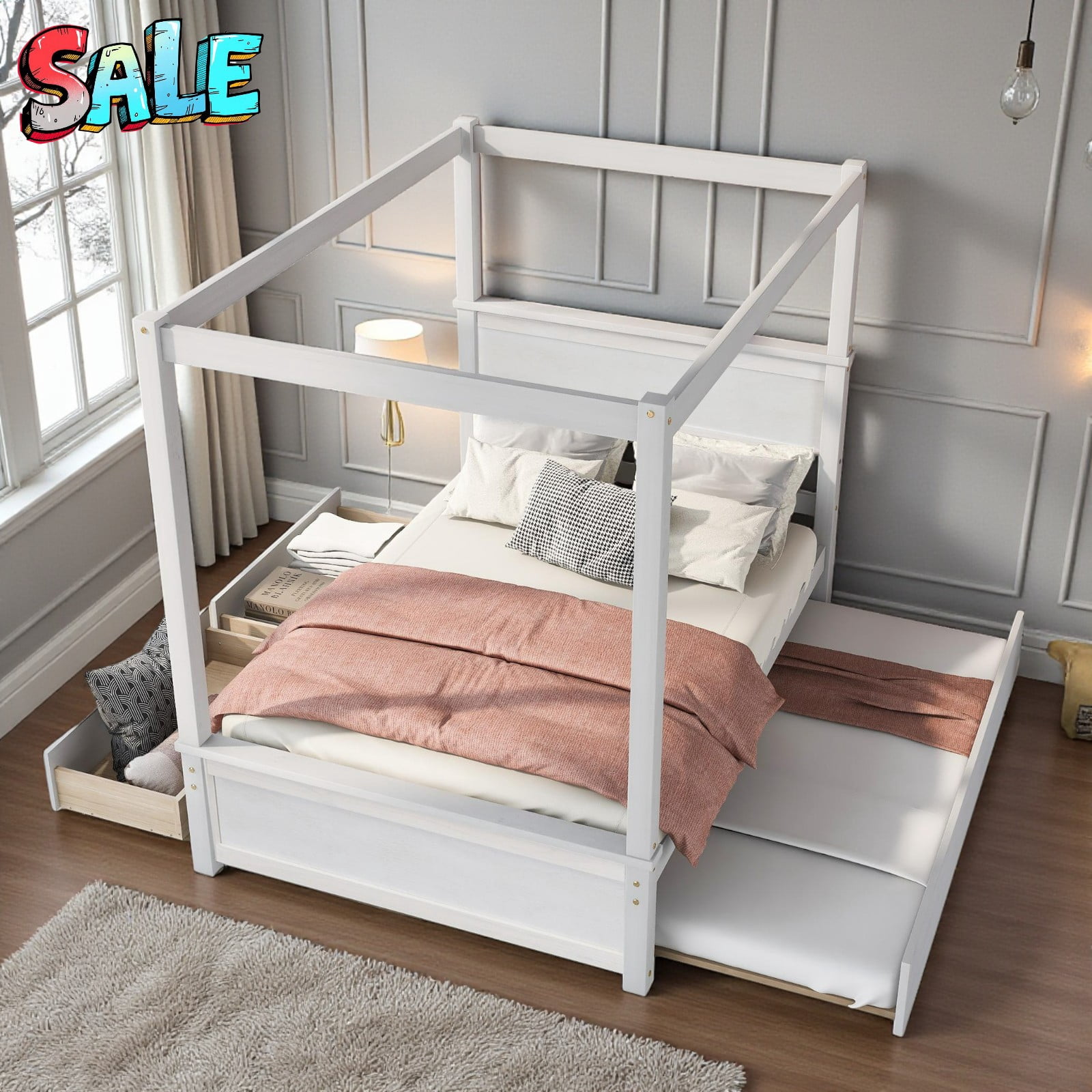 Tcbosik Full Size Wooden Canopy Bed with Trundle and Storage Drawers ...