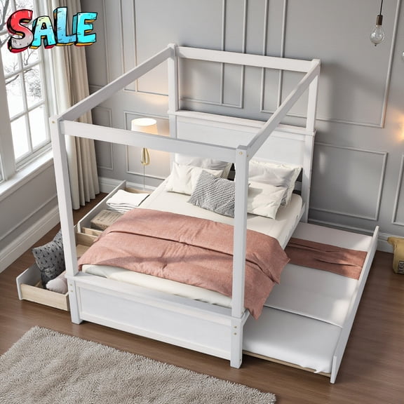 Tcbosik Full Size Wooden Canopy Bed with Trundle and Storage Drawers, Modern 4-Post Platform Bed Frame with Headboard, Brushed White