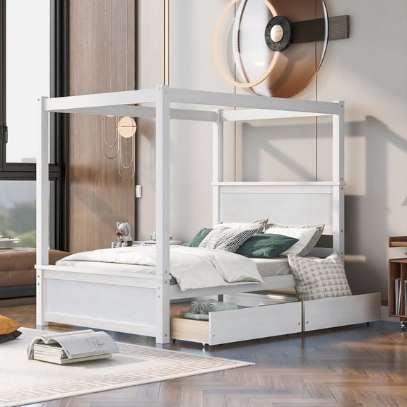 Tcbosik Full Size Canopy Bed with 2 Storage Drawers, 4-Post Wood Full Platform Bed Frame with Headboard, No Box Spring Needed (White)