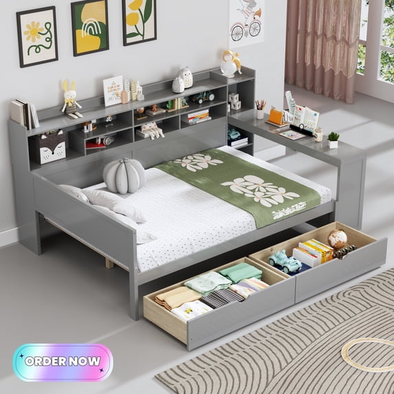 Tcbosik Full Size Corner Bed Frame with Writing Desk, Daybed with Open Shelves and 2 Storage Drawers, Sofa Bed for Living Room, Bedroom, Easy Assembly, Gray