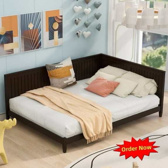 Tcbosik Full Size Daybed, Corner Bed Frame, L Shaped Sofa Bed for Small Space, Living Room, Bedroom, Espresso