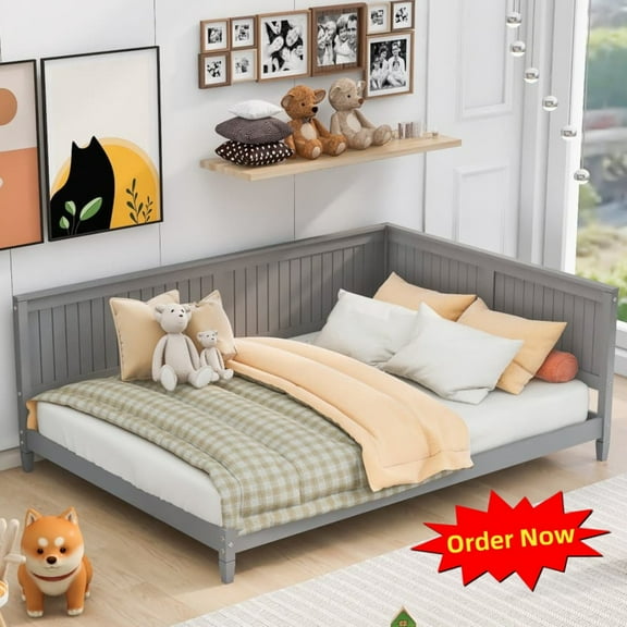 Tcbosik Full Size Daybed, Modern L-Shaped Bed Frame, Sofa Bed for Living Room, Guest Room, Bedroom, Wood Slats Support, No Box Spring Needed, Gray