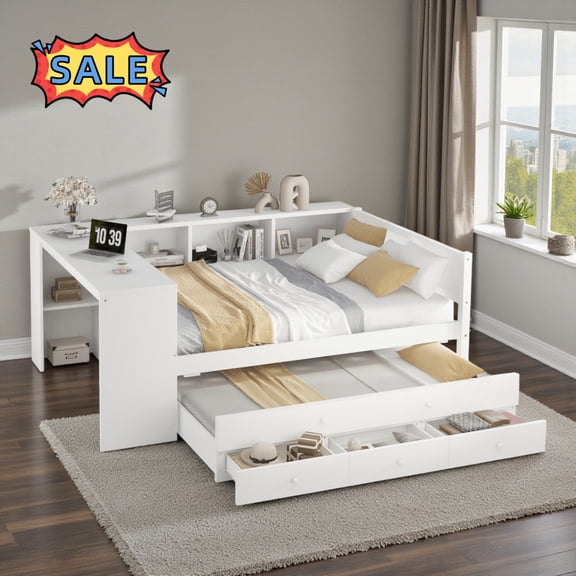 Tcbosik Full Size Daybed with Trundle and Desk, Open Shelves and 3 Storage Drawers, Sofa Bed for Guest Room, Living Room, Bedroom, Space Saving, White