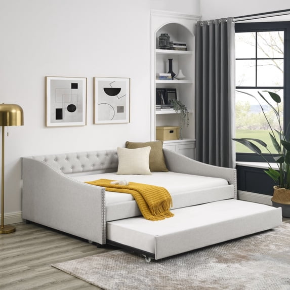 Tcbosik Full Size Daybed with Trundle, Upholstered Tufted Sofa Bed with Button and Copper Nail on Arms, Beige