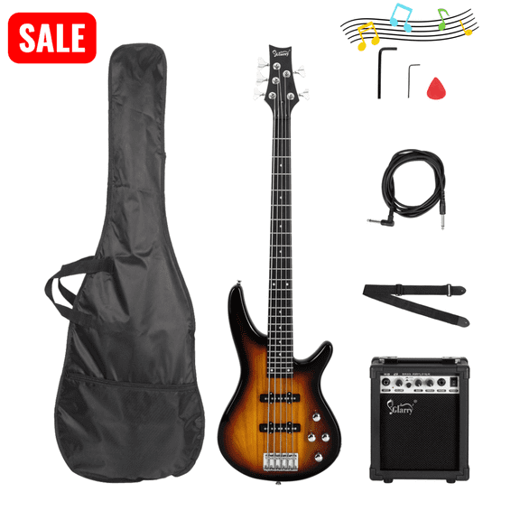 Tcbosik Full-Size Electric Bass Guitar with 20W AMP, 5 String Bass with Bag, Strap, Plectrum, Spanner Tool and Connecting Wire for Adults, Sunset Color
