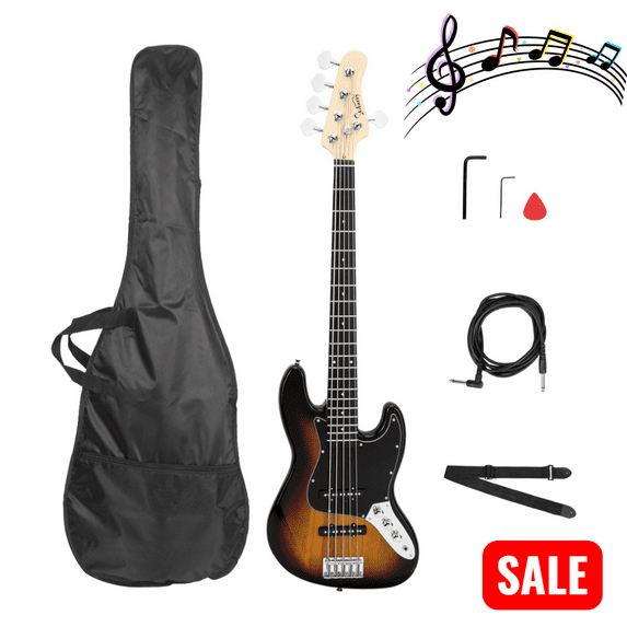 Tcbosik Full Size Electric Bass Guitar with Bag, Strap, Plectrum, Amp Wire and Wrench Tool, 5 String Beginner Starter Kit, Sunset Color